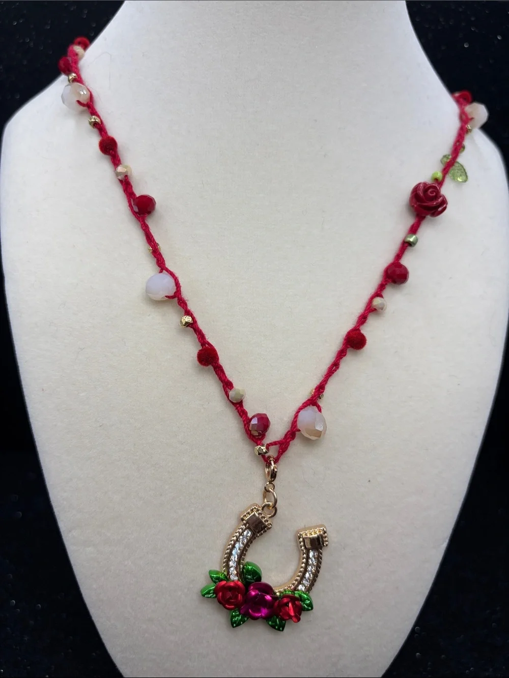 Handcrafted Red Rose Horseshoe Pendant Necklace